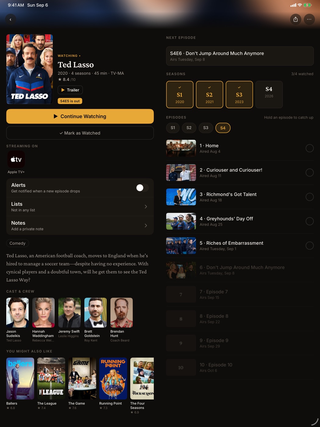 ReelStack on iPad showing Ted Lasso in two columns, with the episode list on the right