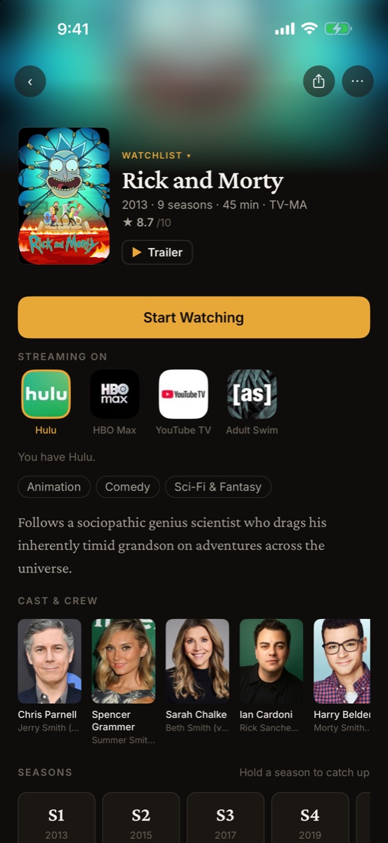 Every streaming service a show is on, listed at the top of its page, with yours ringed