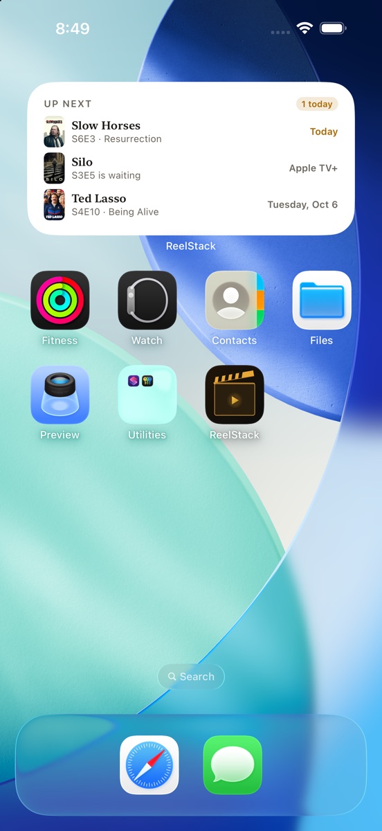 An iPhone Home Screen with the ReelStack widget: Slow Horses airs today, Silo season 3 episode 5 is waiting, and Ted Lasso is next on Tuesday